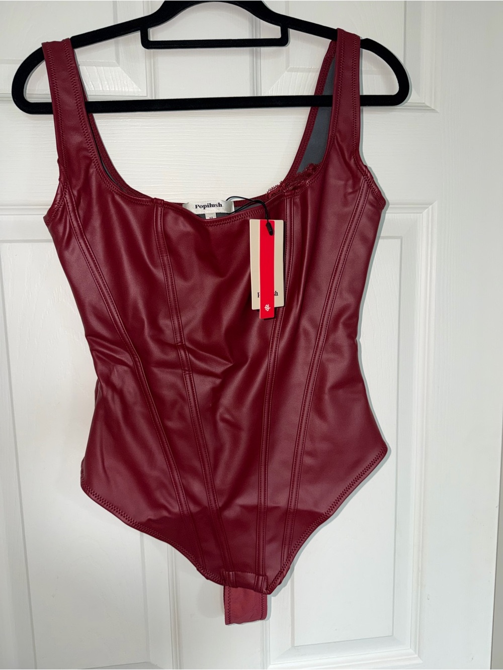 Popilush Leather Corset Shapewear Thong Bodysuit Burgundy Medium NWT